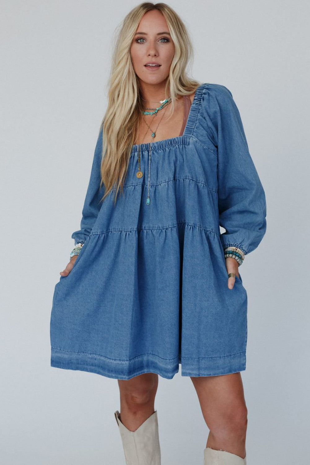 Dusk Blue Square Neck Side Pockets Loose Fit Denim Mini Dress