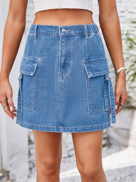 Pocketed Buttoned Denim Skirt