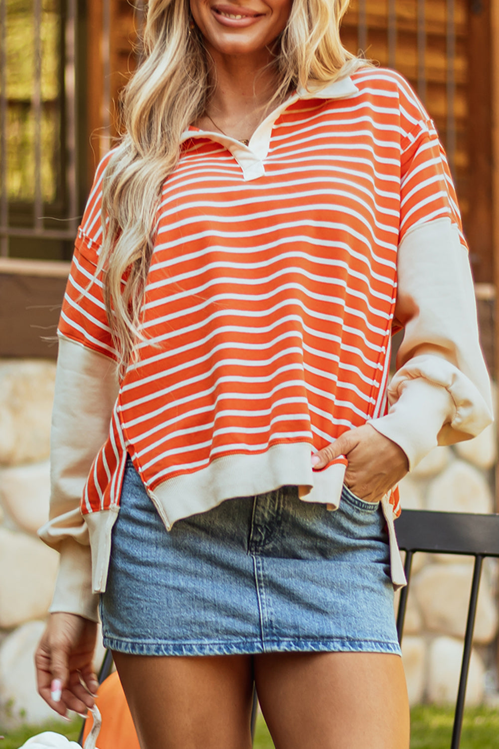 Orange Stripe Color Block Loose Fit Collared Drop Shoulder Sweatshirt