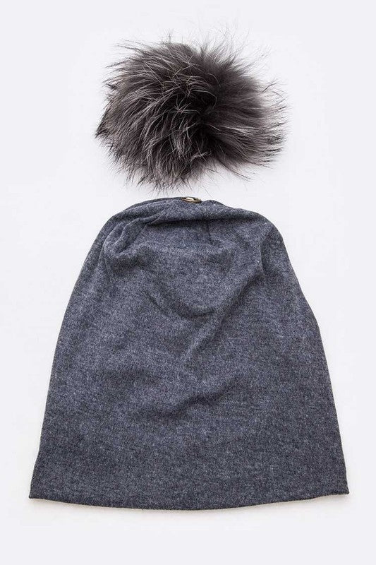 Oversize Raccoon Fur Pom Cotton Slouchy Beanie