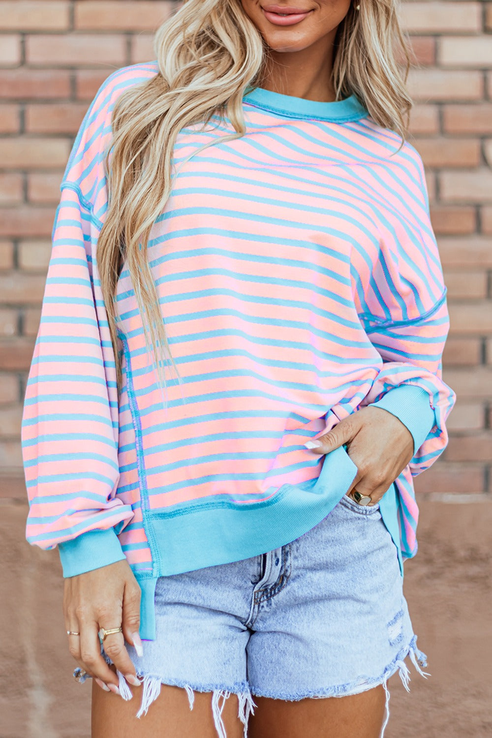 High-Low Striped Long Sleeve Sweatshirt