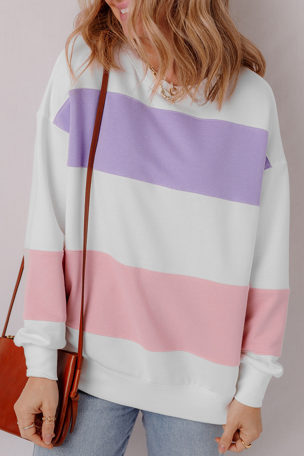 Beige Colorblock Patchwork Drop Shoulder Crewneck Sweatshirt