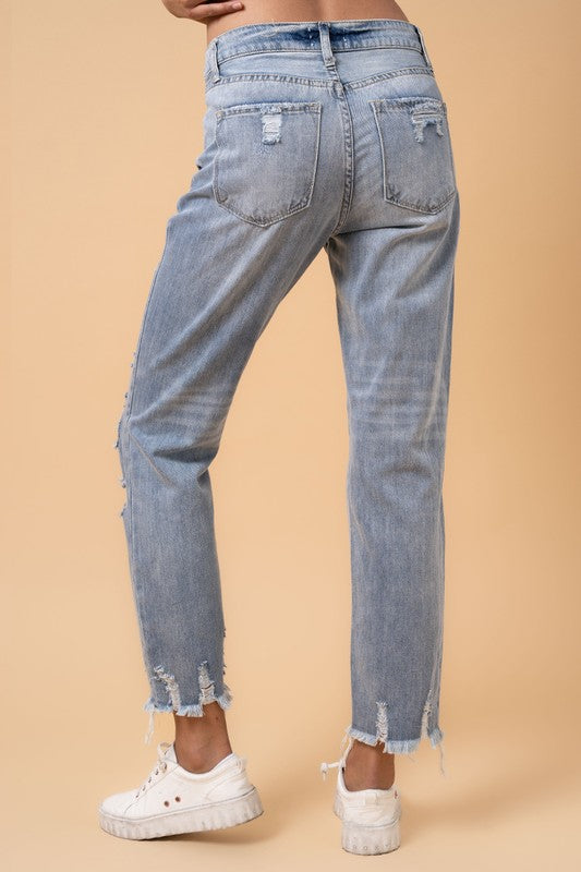 Fray Distressed Girlfriend Jeans