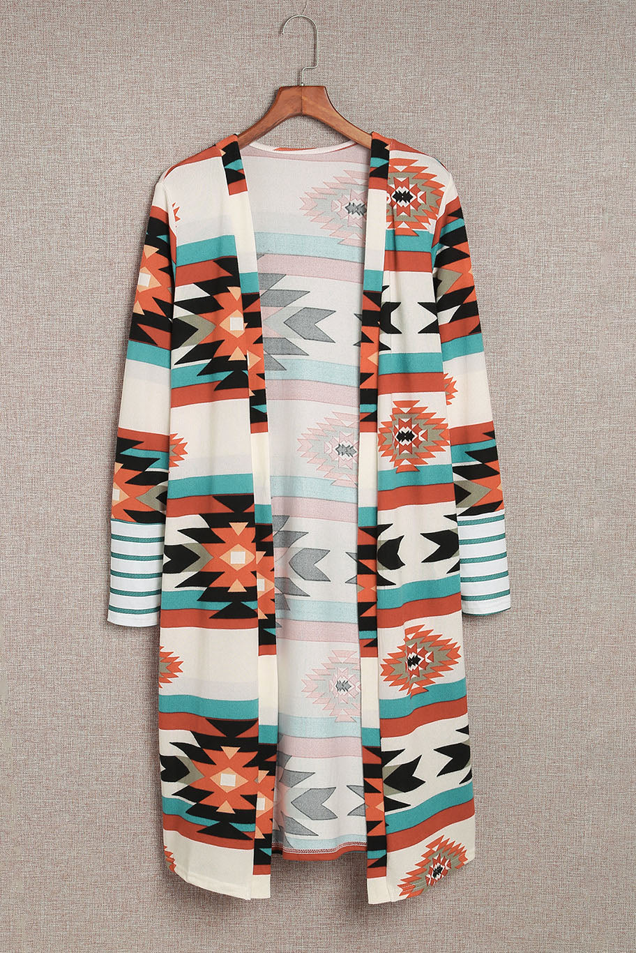 Multicolor Geometric Color Block Open Front Long Cardigan