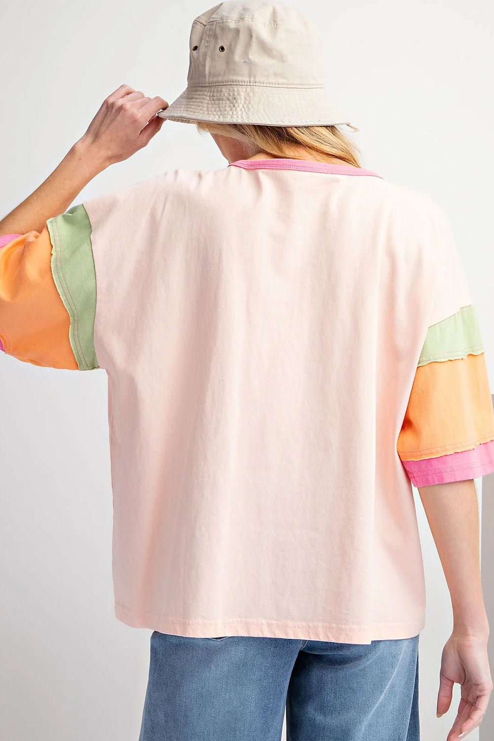 Pink Color Block Stitching Sleeve Round Neck Oversize Top