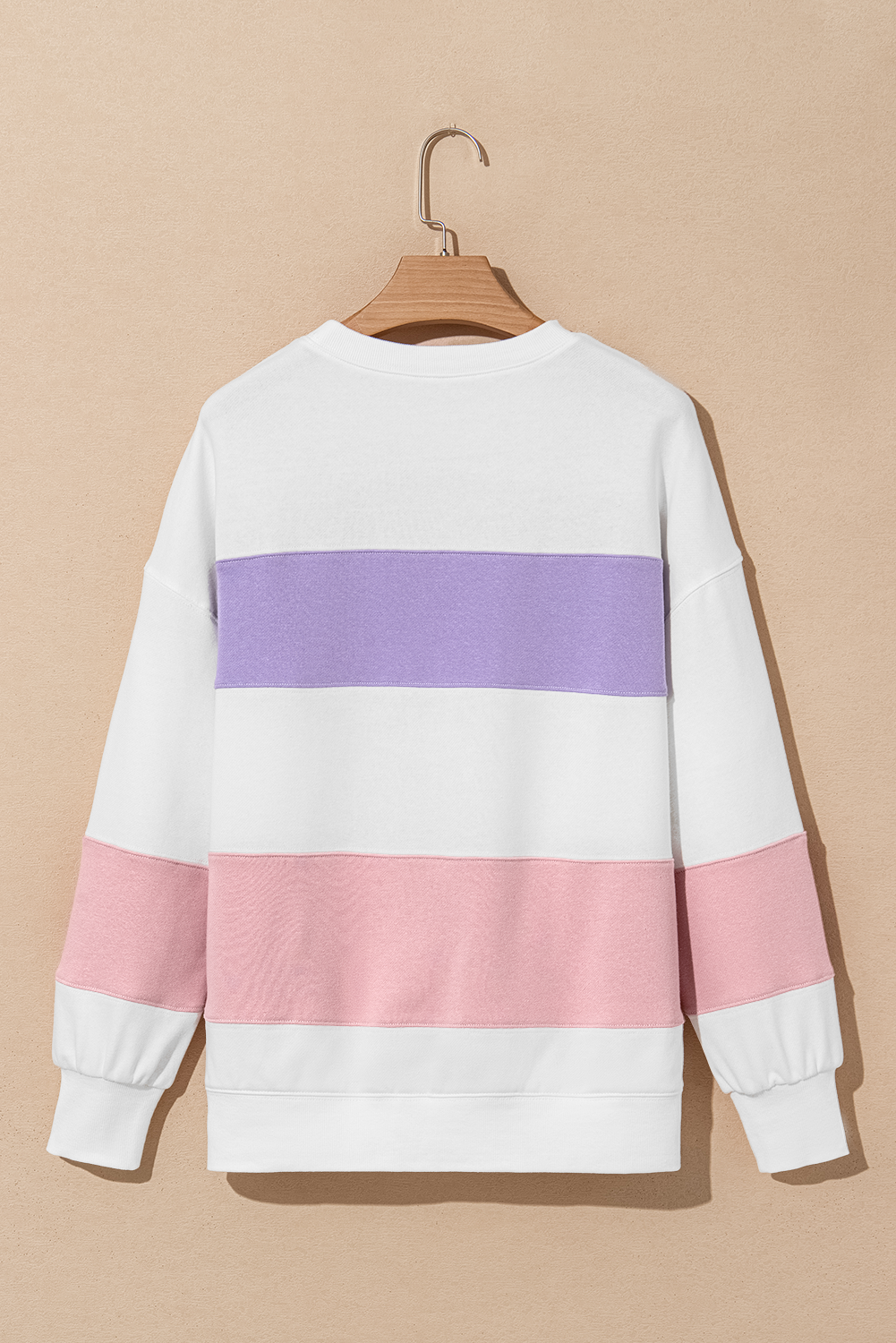 Beige Colorblock Patchwork Drop Shoulder Crewneck Sweatshirt