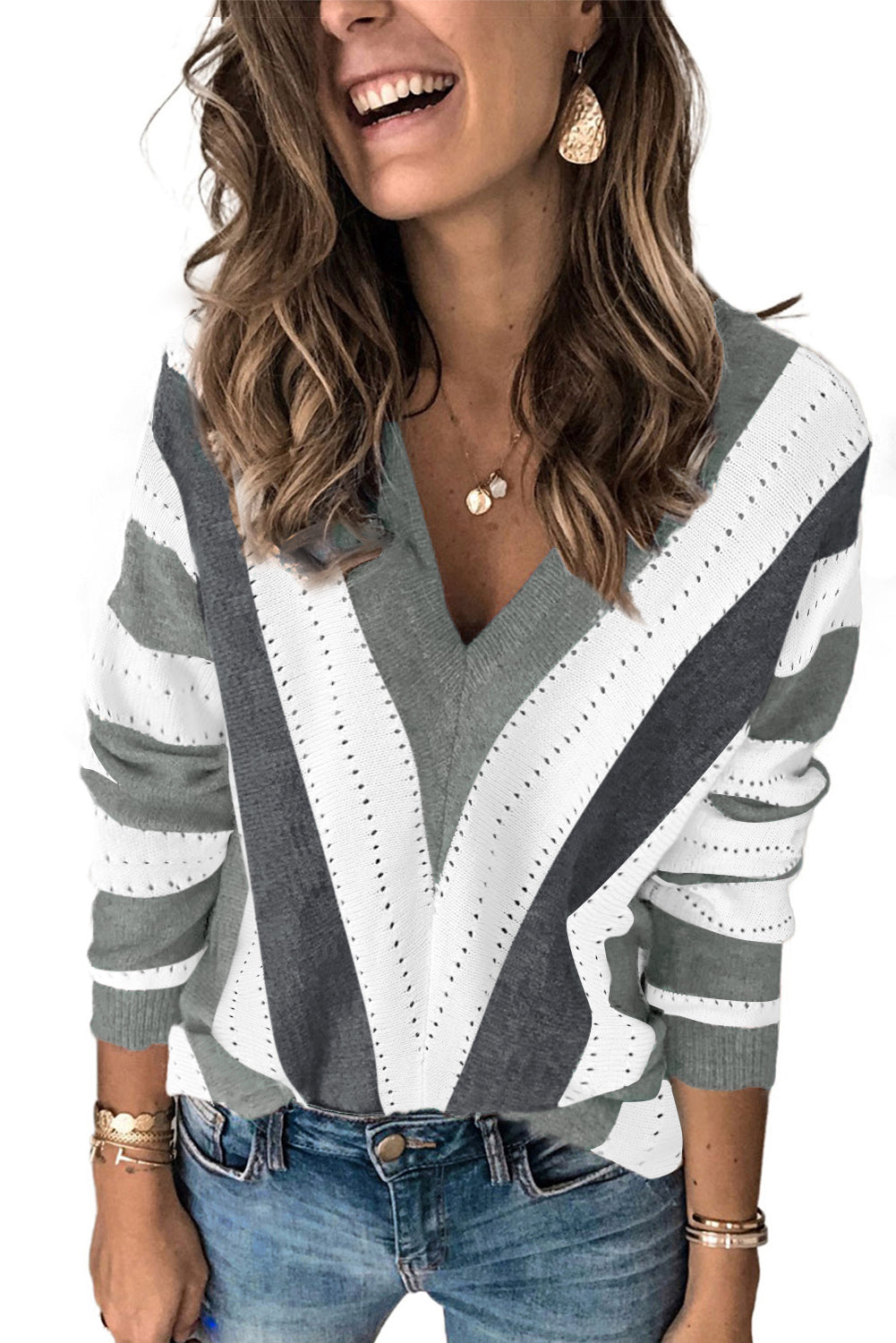 Gray Striped Colorblock V Neck Knitted Sweater