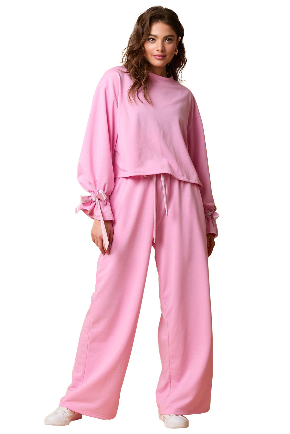 Bonbon Solid Color Drawstring Long Sleeve Top and Pants Set