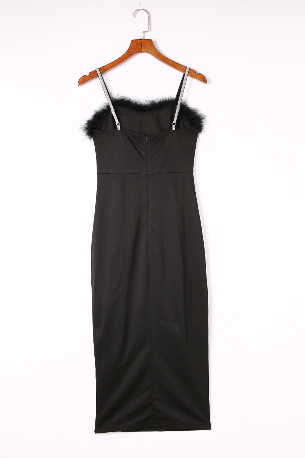 Slit Plush Trim Spaghetti Strap Dress