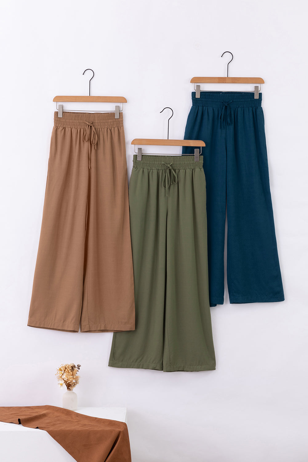 Brown Drawstring Elastic Waist Casual Wide Leg Pants