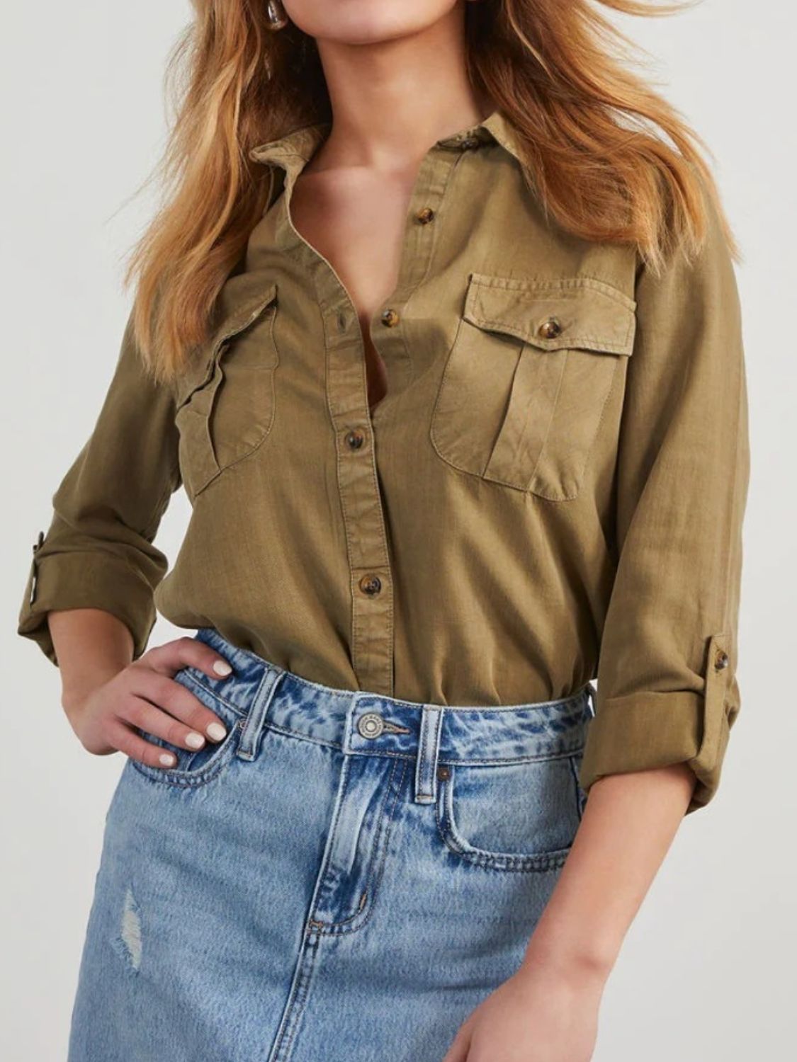 Collared Neck Roll-Tab Sleeve Denim Top