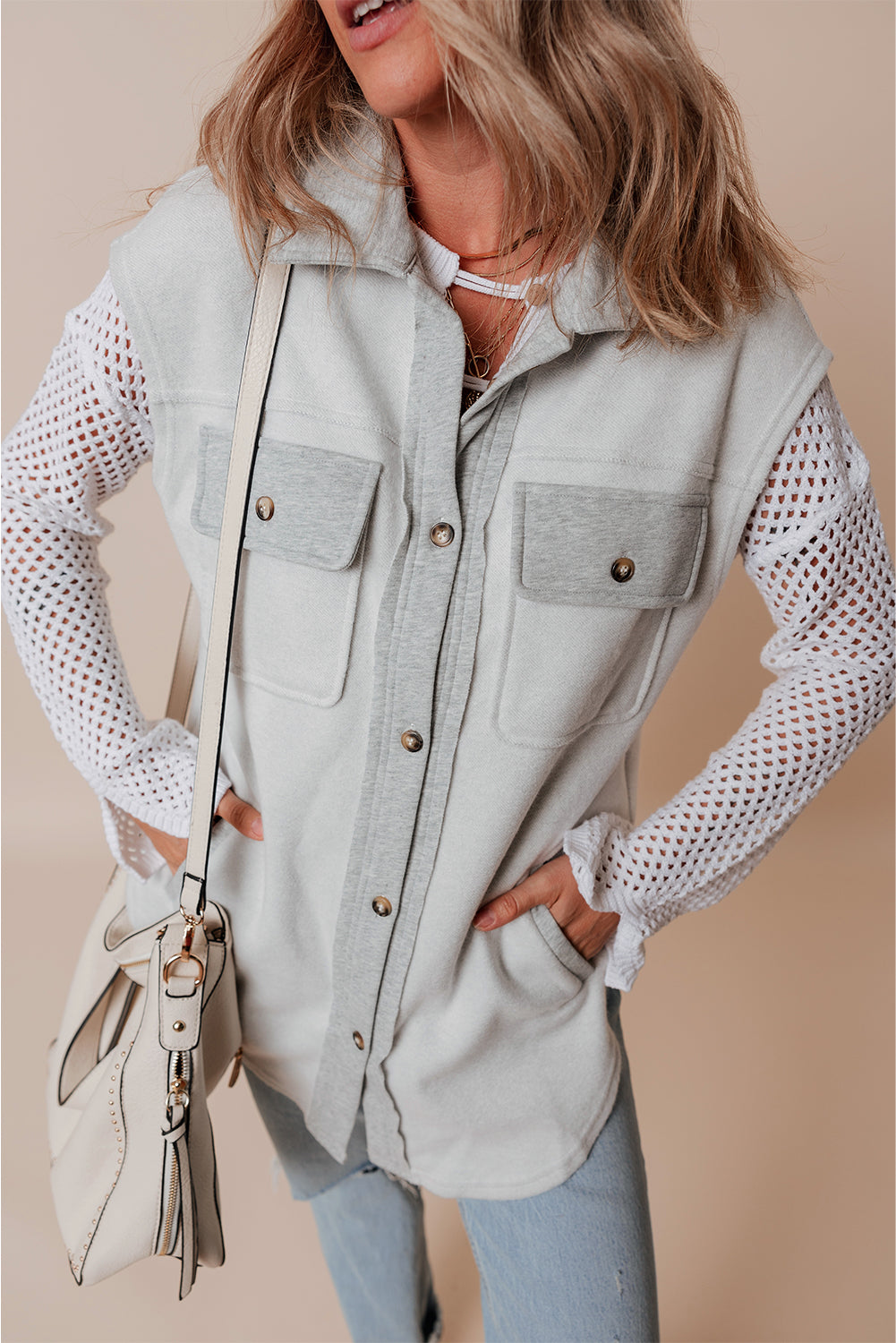 Light Grey Flap Pockets Contrast Buttons Front Jacket Vest