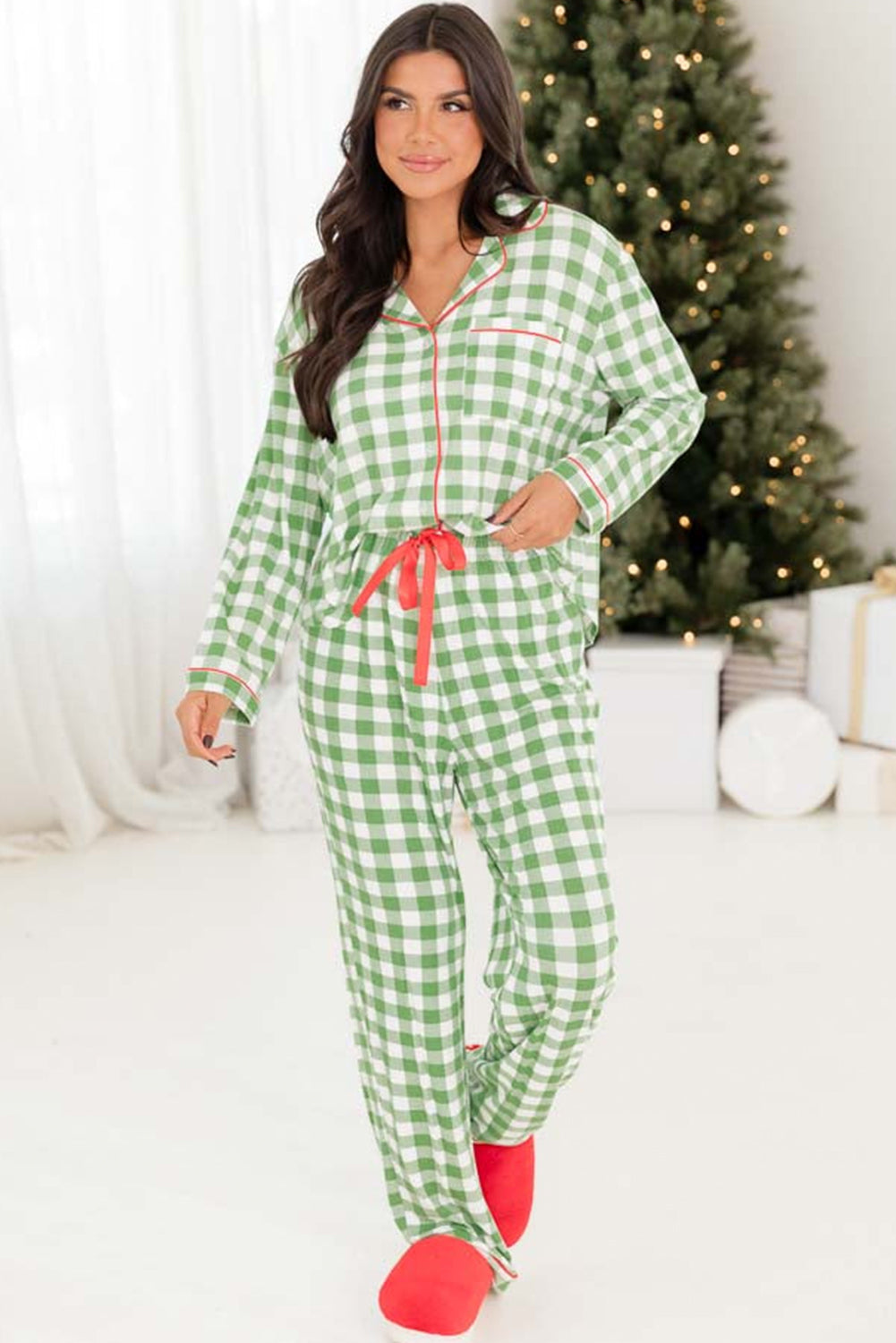 Light Green Christmas Plaid Print Shirt and Pants Pajama Set