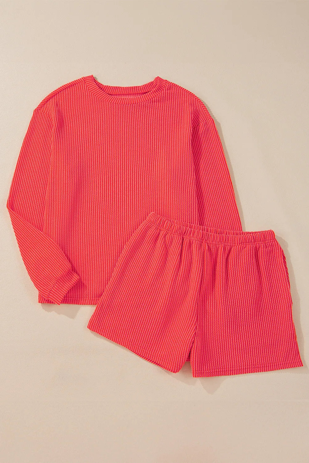 Round Neck Long Sleeve Top and Shorts Set