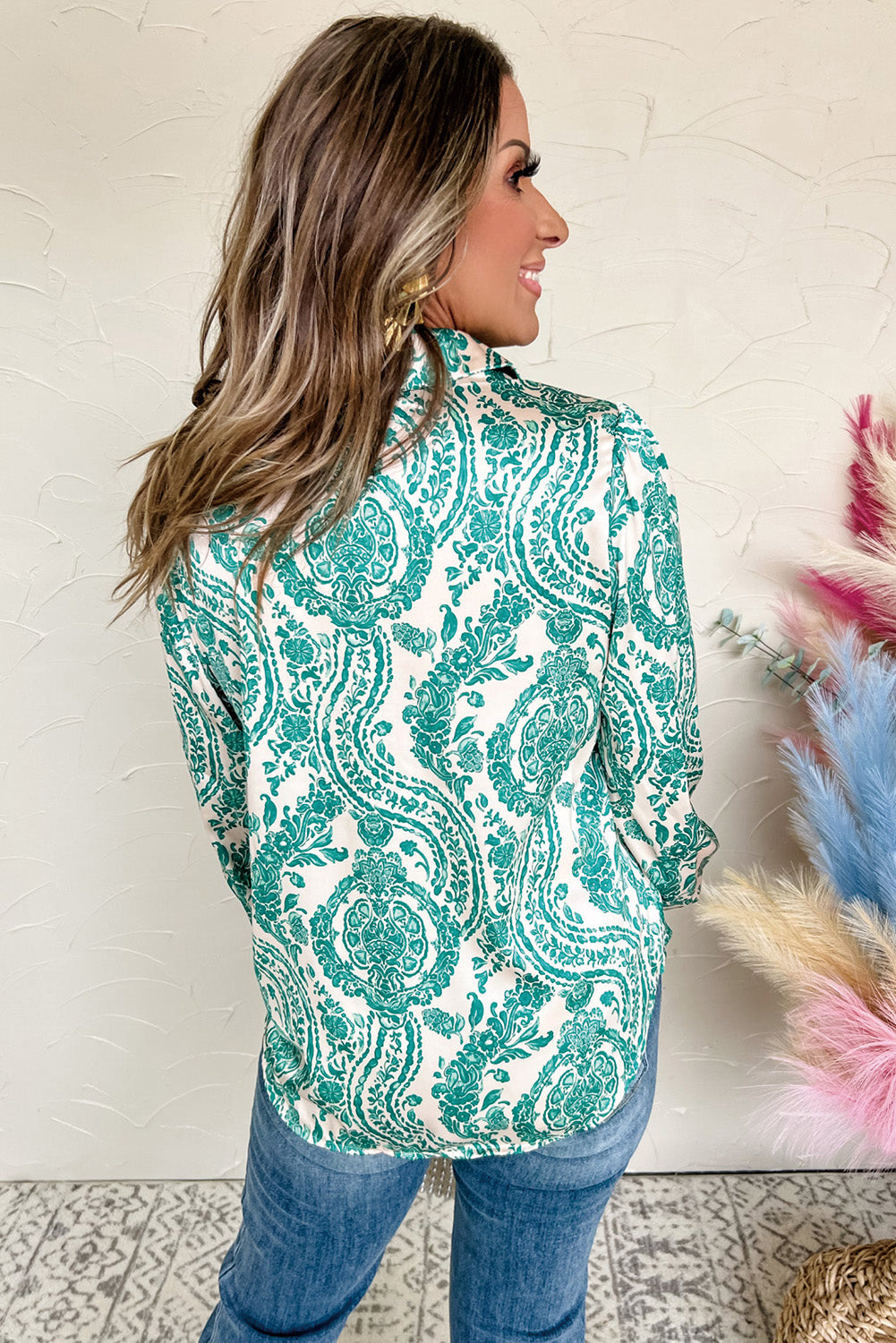 Green Paisley Print Smocked Cuff Buttoned Loose Shirt