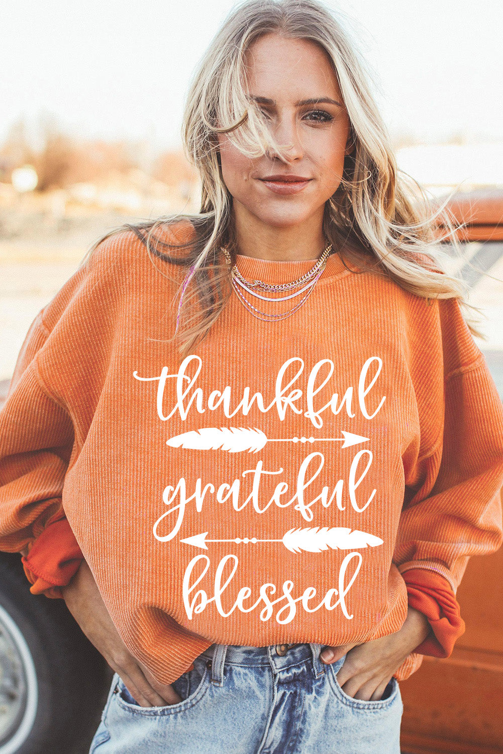 Orange thankful grateful blessed Arrow Graphic Corded Sweatshirt