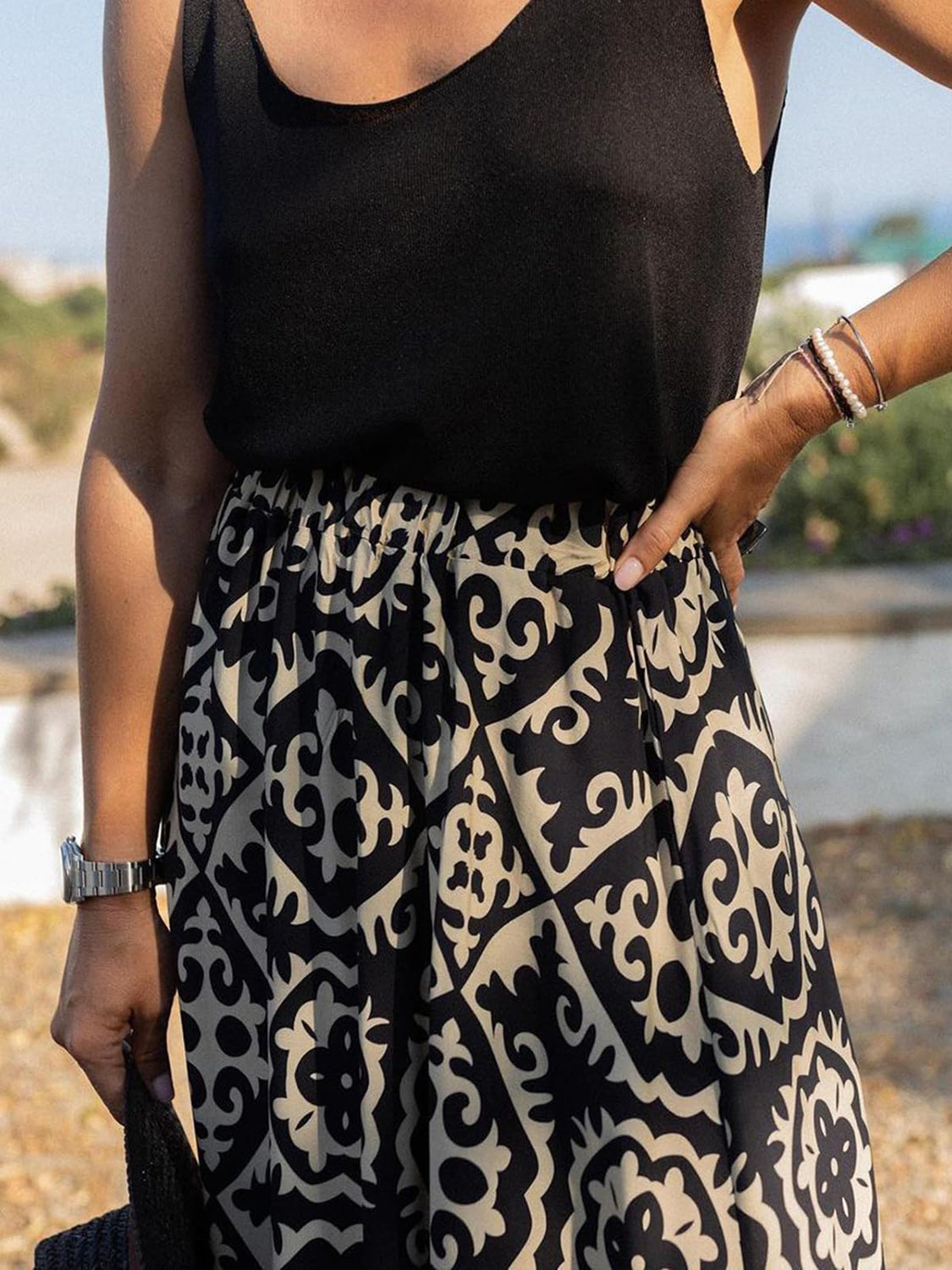 Geometric Elastic Waist Maxi Skirt