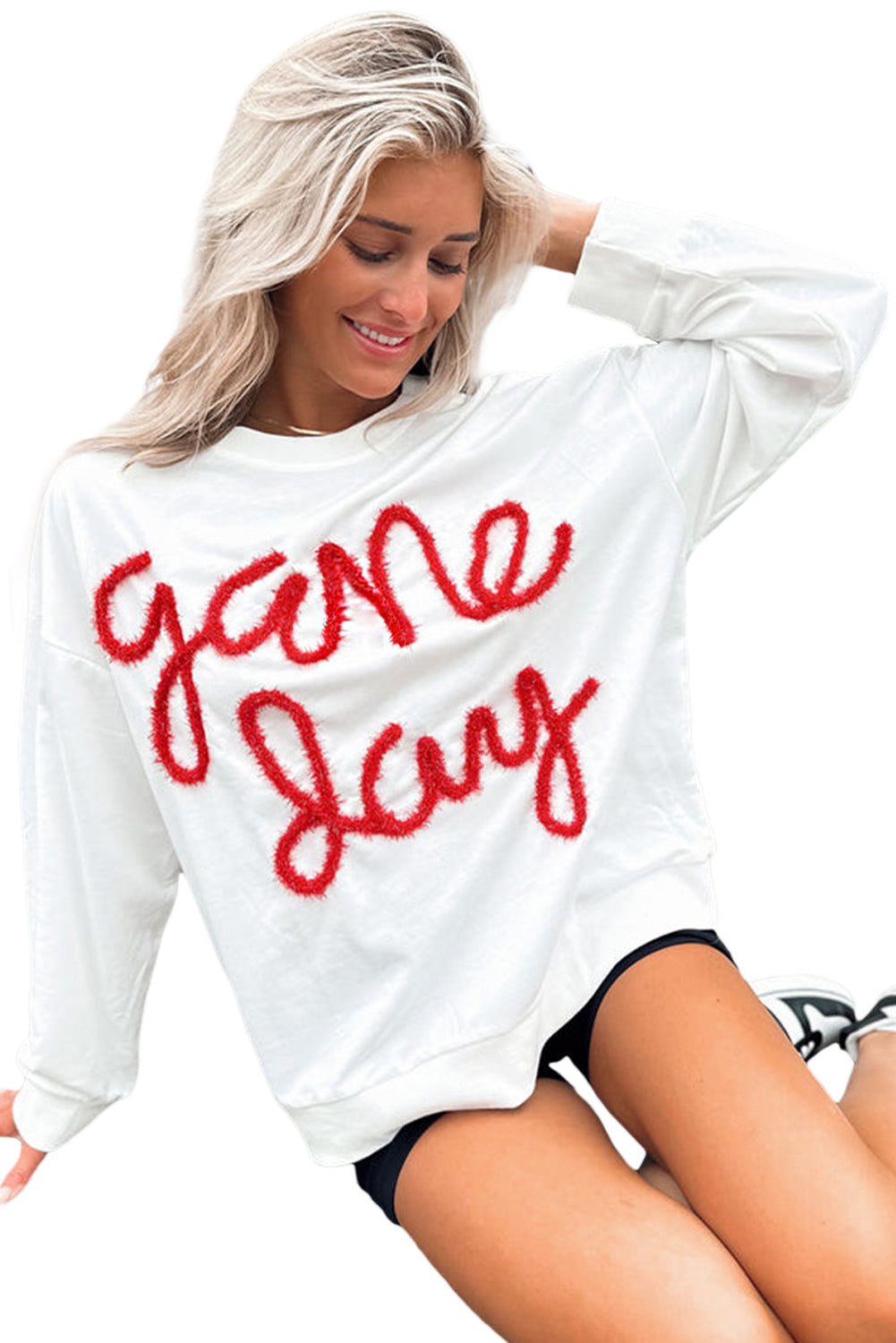 White Tinsel Game Day Drop Shoulder Graphic Sweatshirt