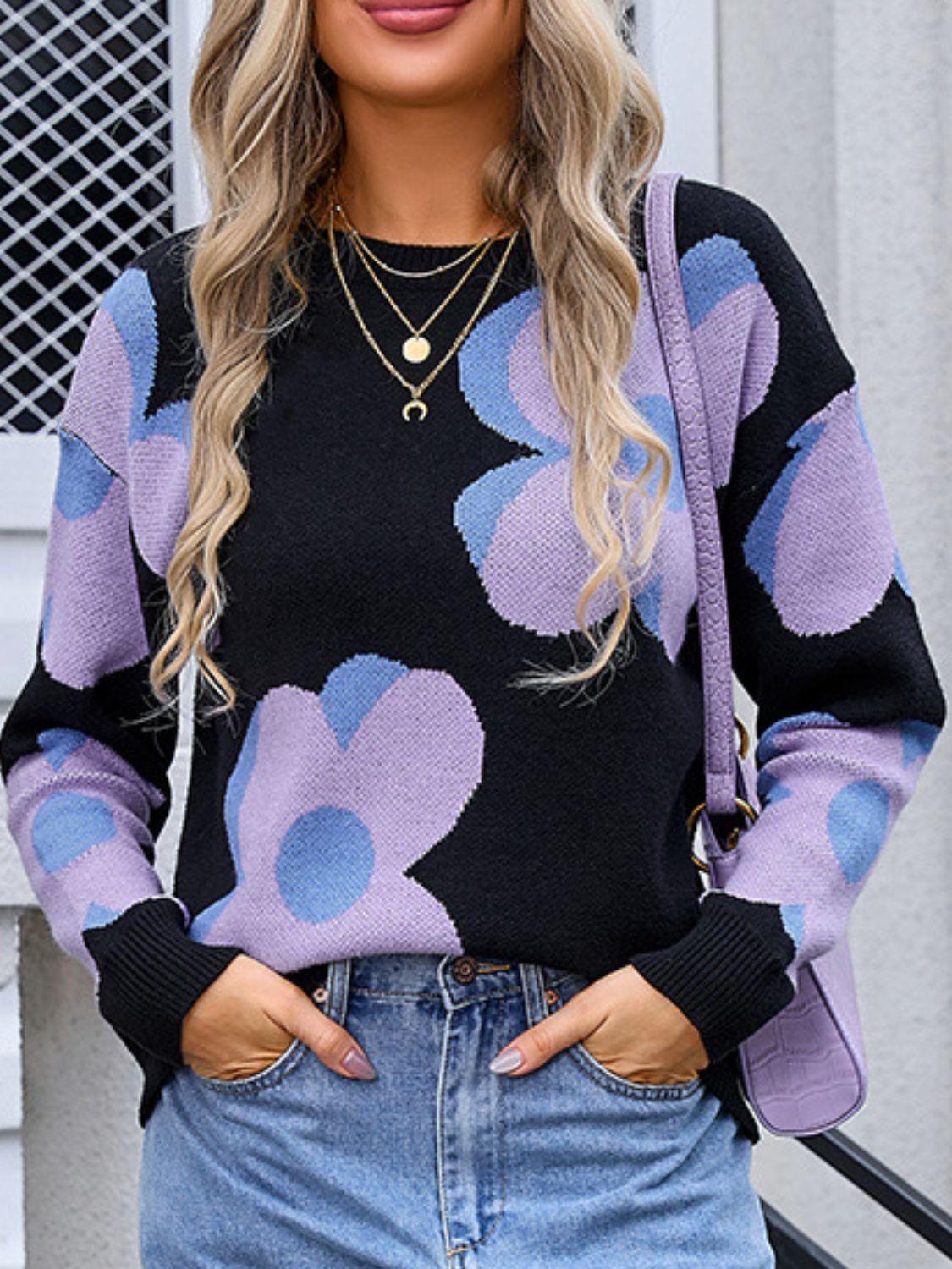 Flower Round Neck Long Sleeve Sweater