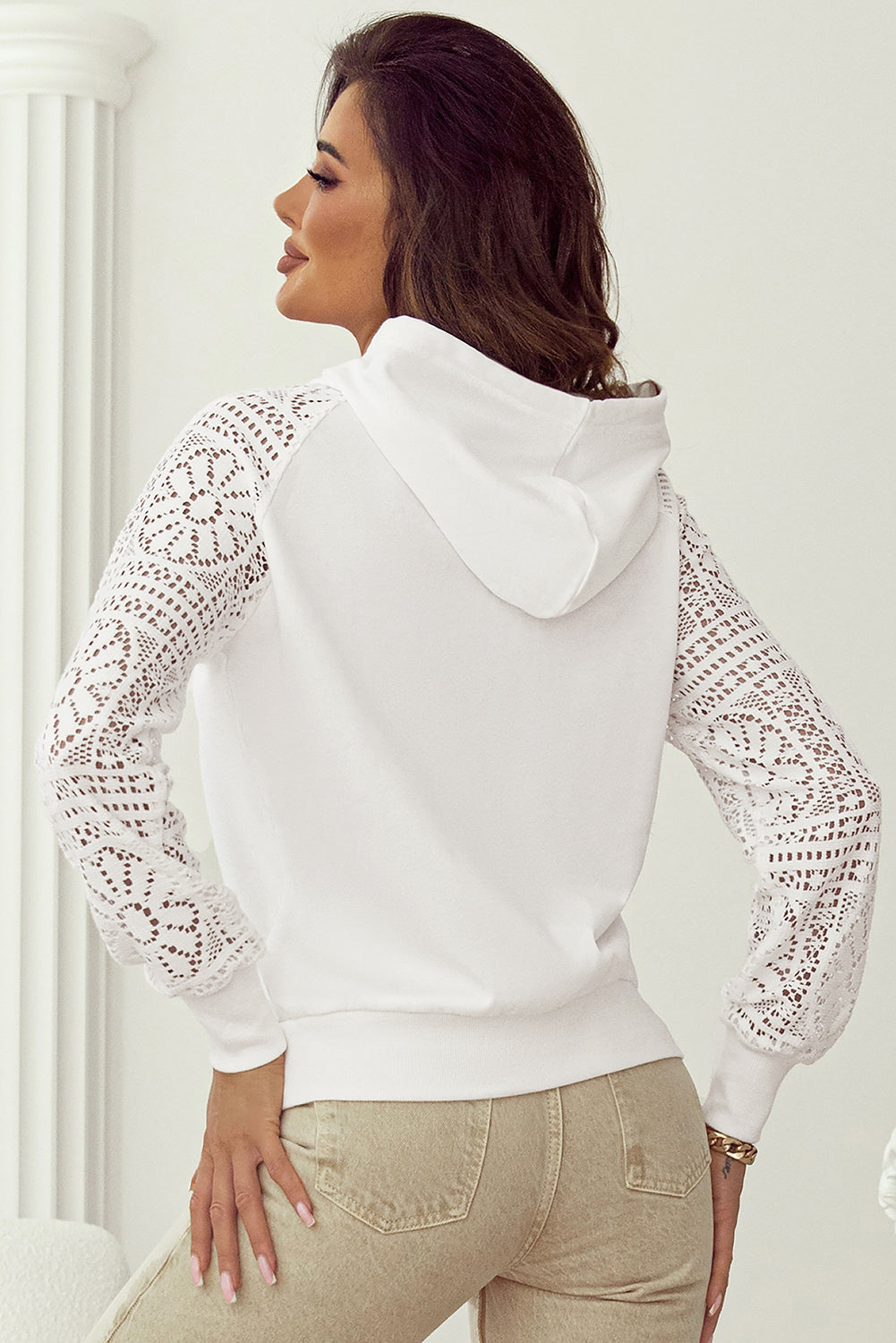 White Lace Patchwork Sleeve Drawstring Hoodie