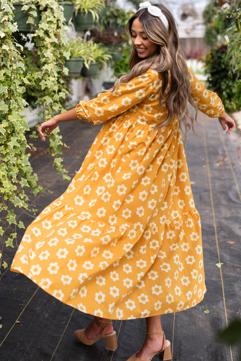 Yellow Flower Print Bracelet Sleeve Buttons Collared Maxi Dress