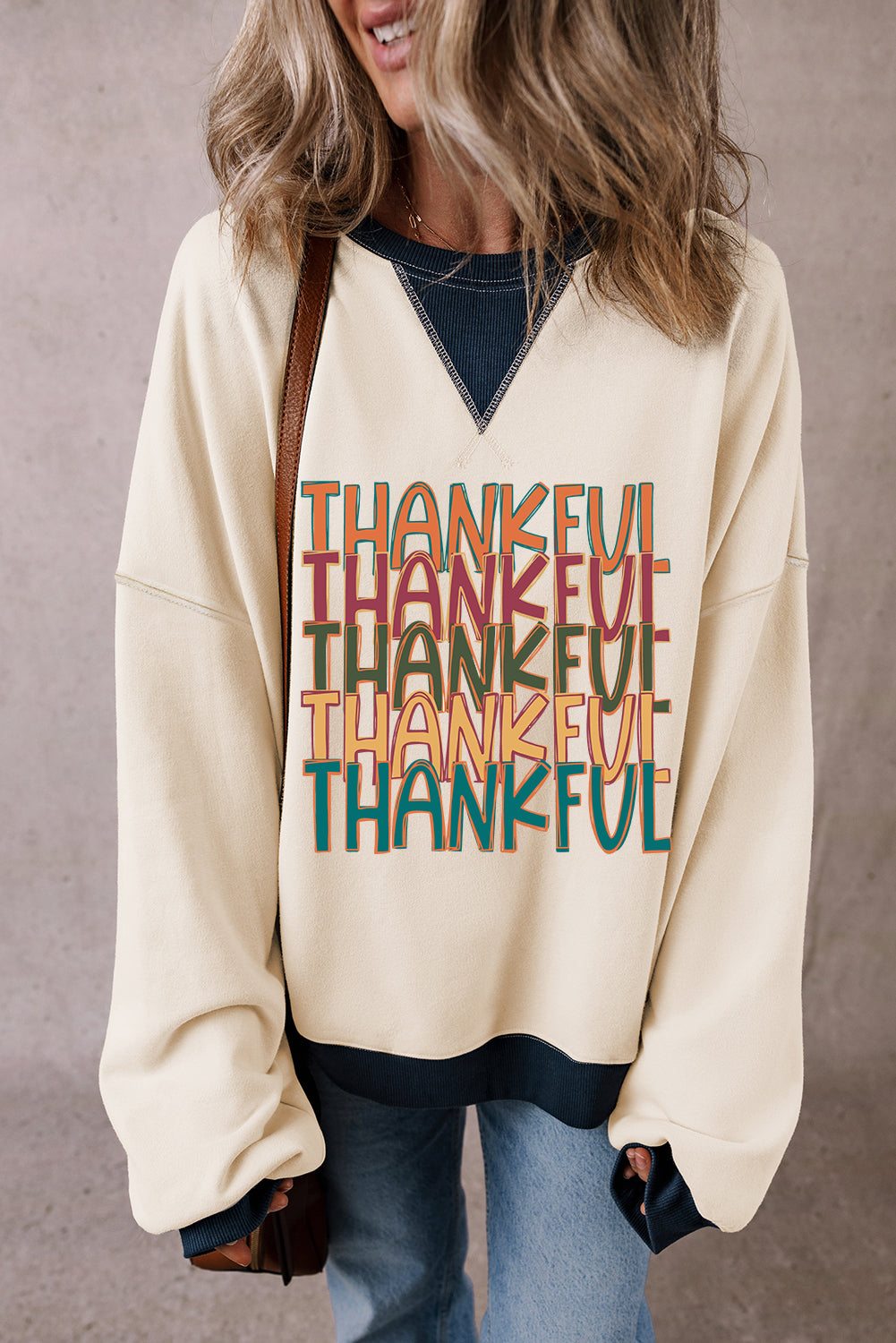 White THANKFUL Graphic Colorblock Edge Oversized Thanksgiving Sweatshirt