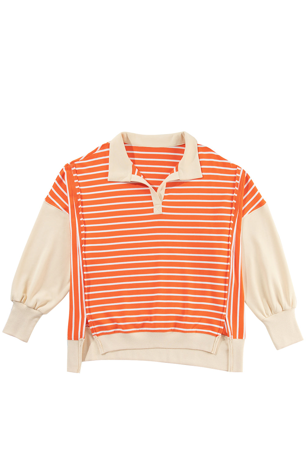 Orange Stripe Color Block Loose Fit Collared Drop Shoulder Sweatshirt