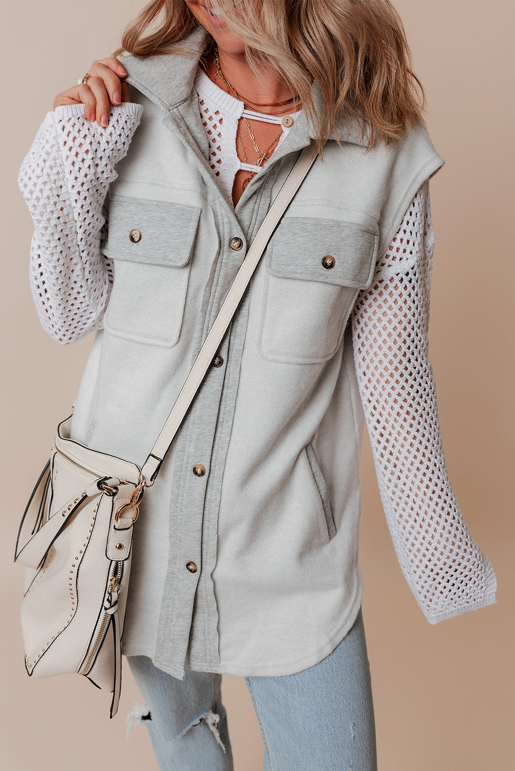 Light Grey Flap Pockets Contrast Buttons Front Jacket Vest