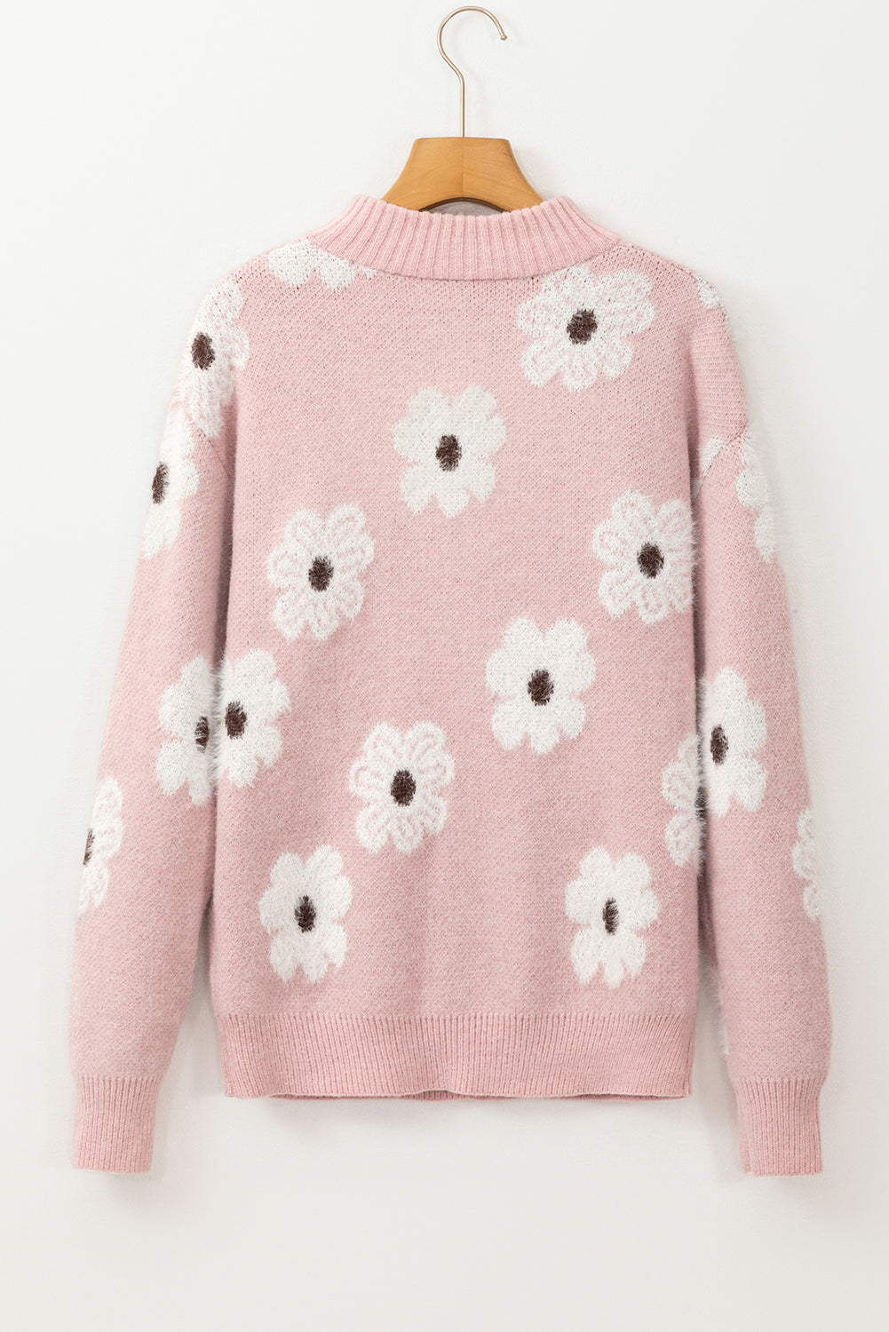 Pink Floral Pattern Half Zip Drop Shoulder Sweater