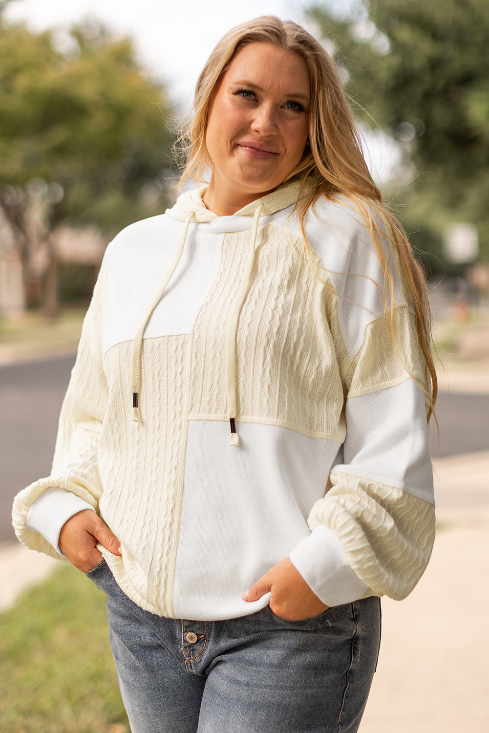 Beige Textured Patchwork Exposed Seam Plus Size Hoodie