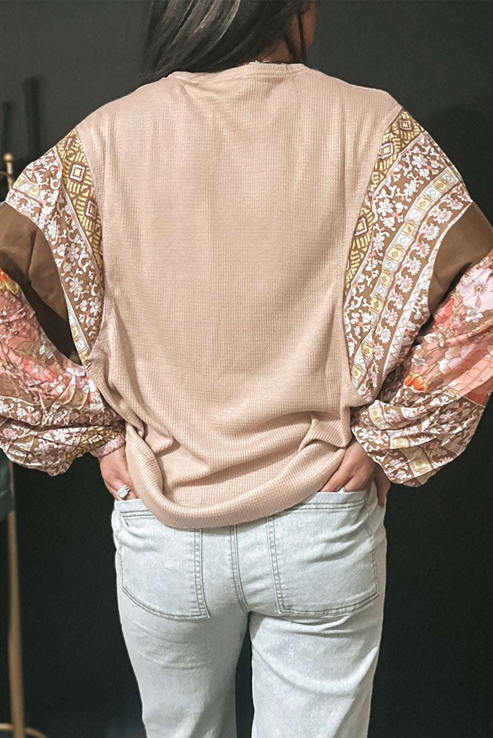 Parchment Contrast Floral Patchwork Puff Sleeve Waffle Knit Top