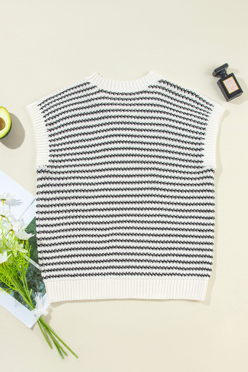 Black Stripe Ribbed Trim Loose Fit Knitted Sweater Vest