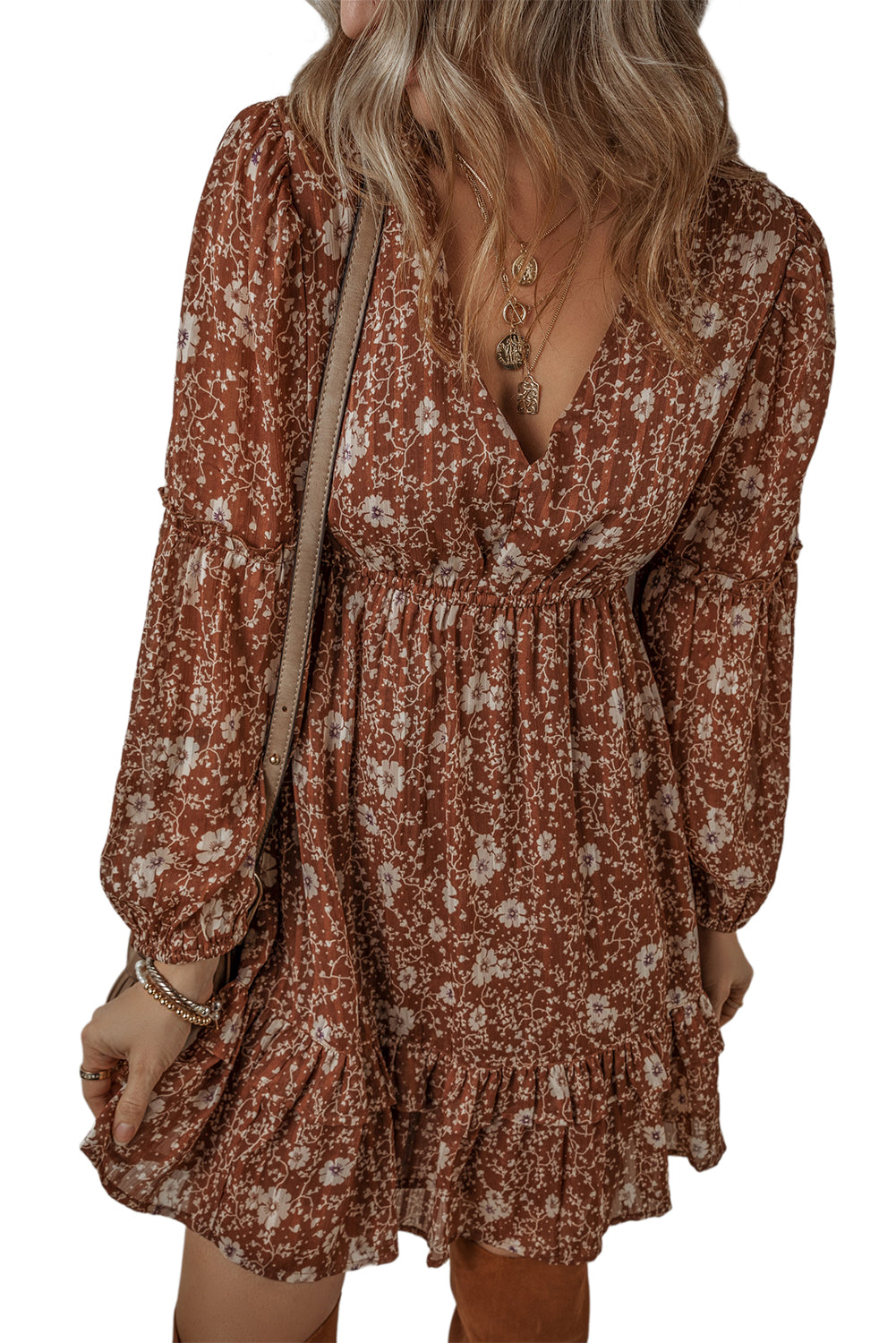 Brown Boho Floral Ruffled Puff Sleeve V Neck Mini Dress