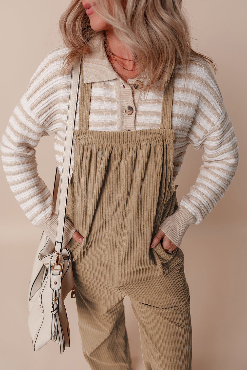 Gray Morn Solid Pocketed Loose Fit Corduroy Overall