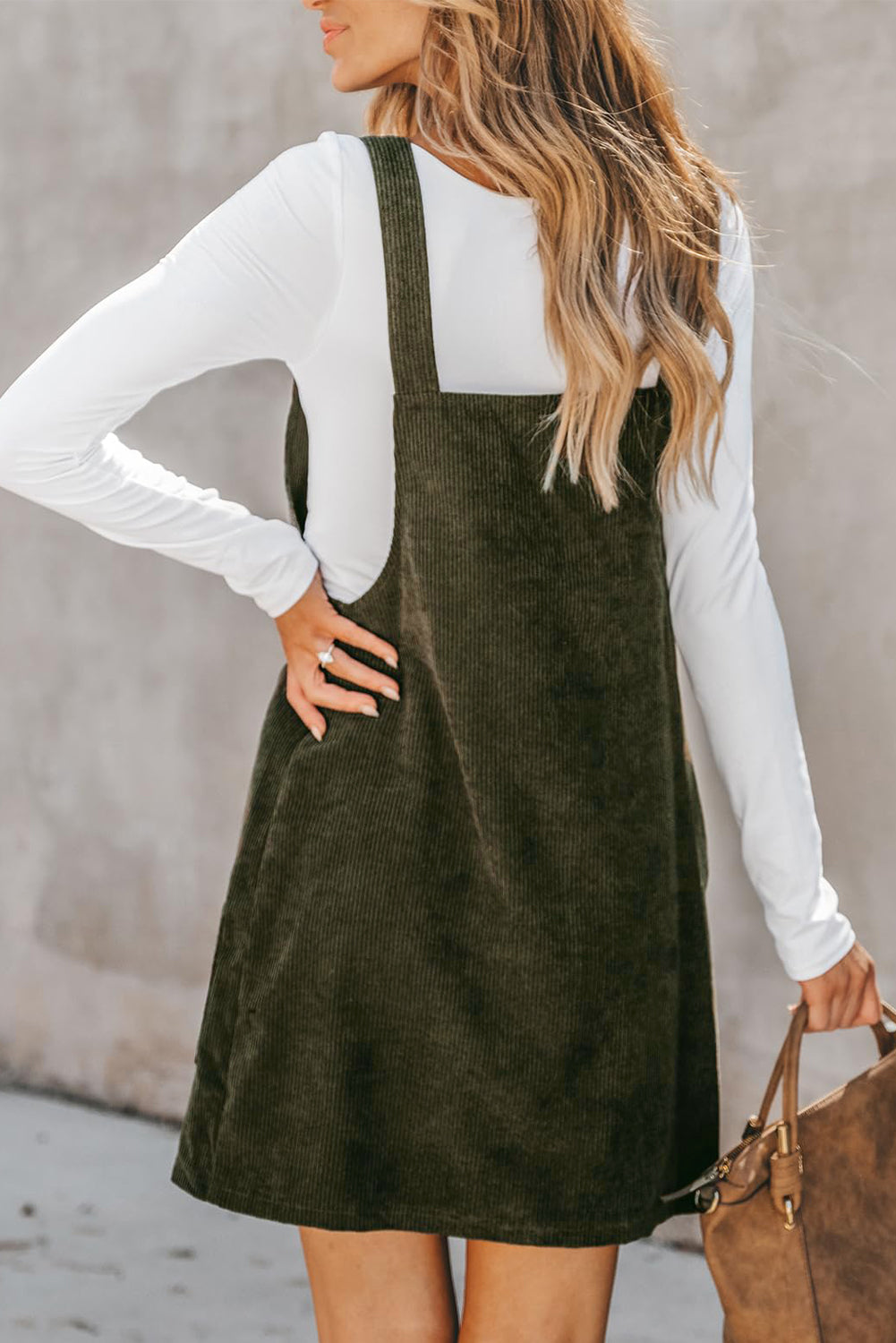 Vineyard Green Solid Front Pockets Sleeveless Corduroy Overall Dress