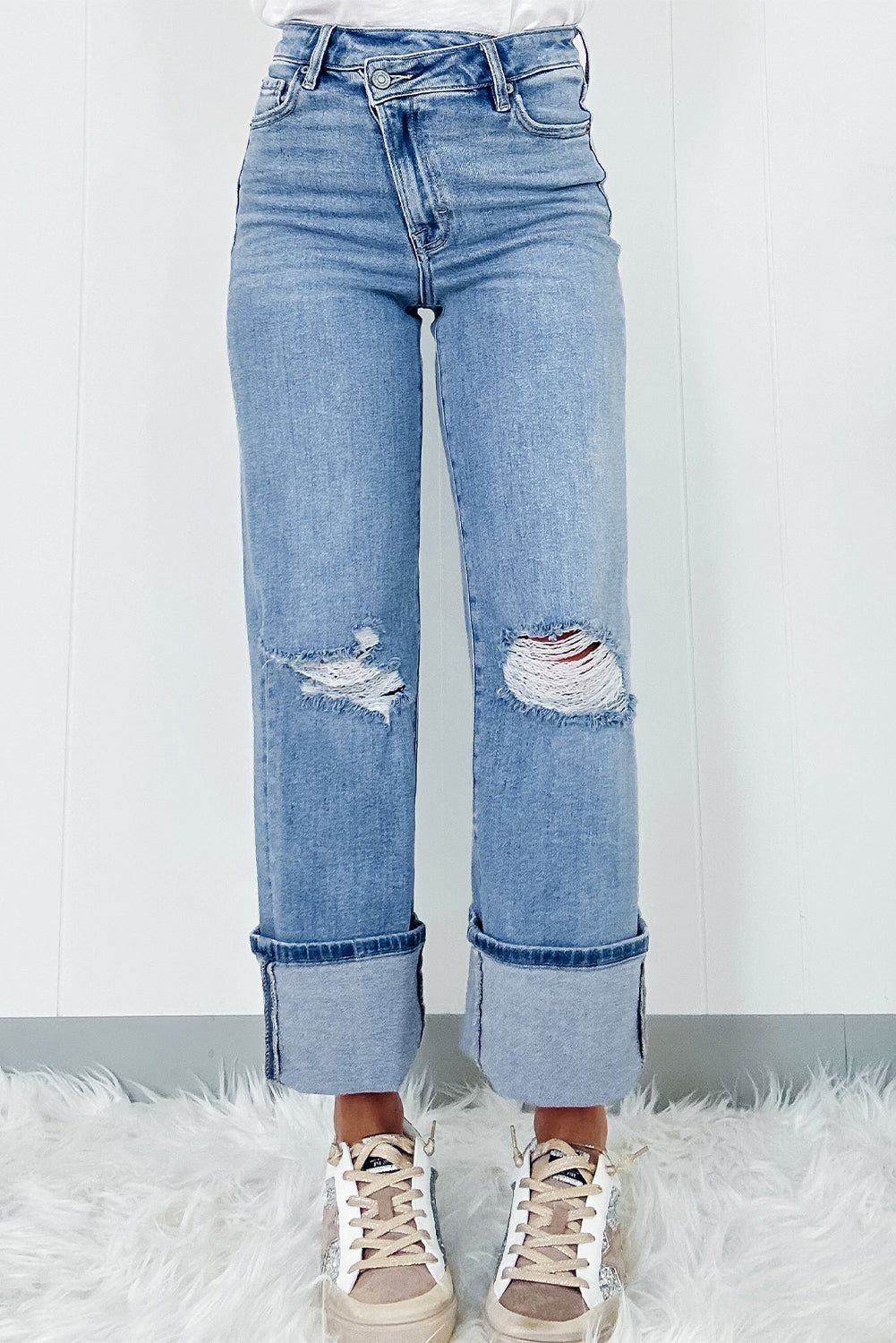 Dusk Blue High Rise Asymmetric Button Zip Fly Ripped Jeans