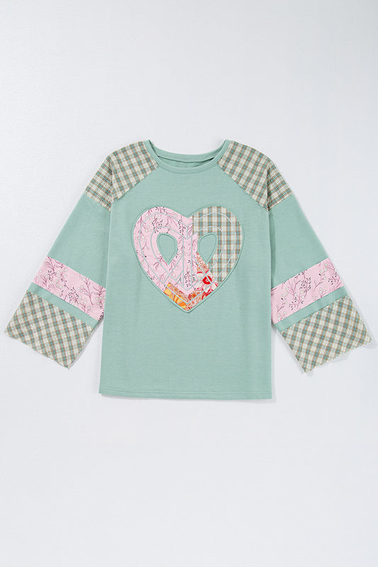 Clearly Aqua Plaid Floral Peace Heart Graphic Wide Long Sleeve Top