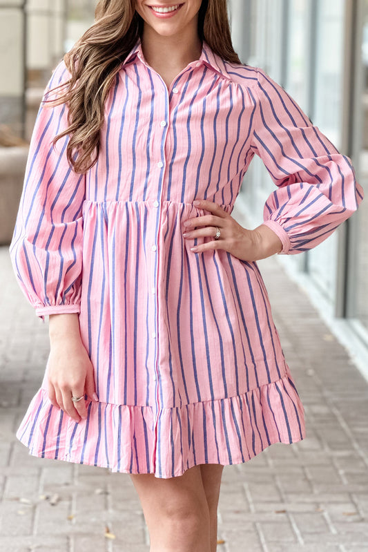 Pink Stripe Ruffled Hem Button-up Collared Shirt Mini Dress