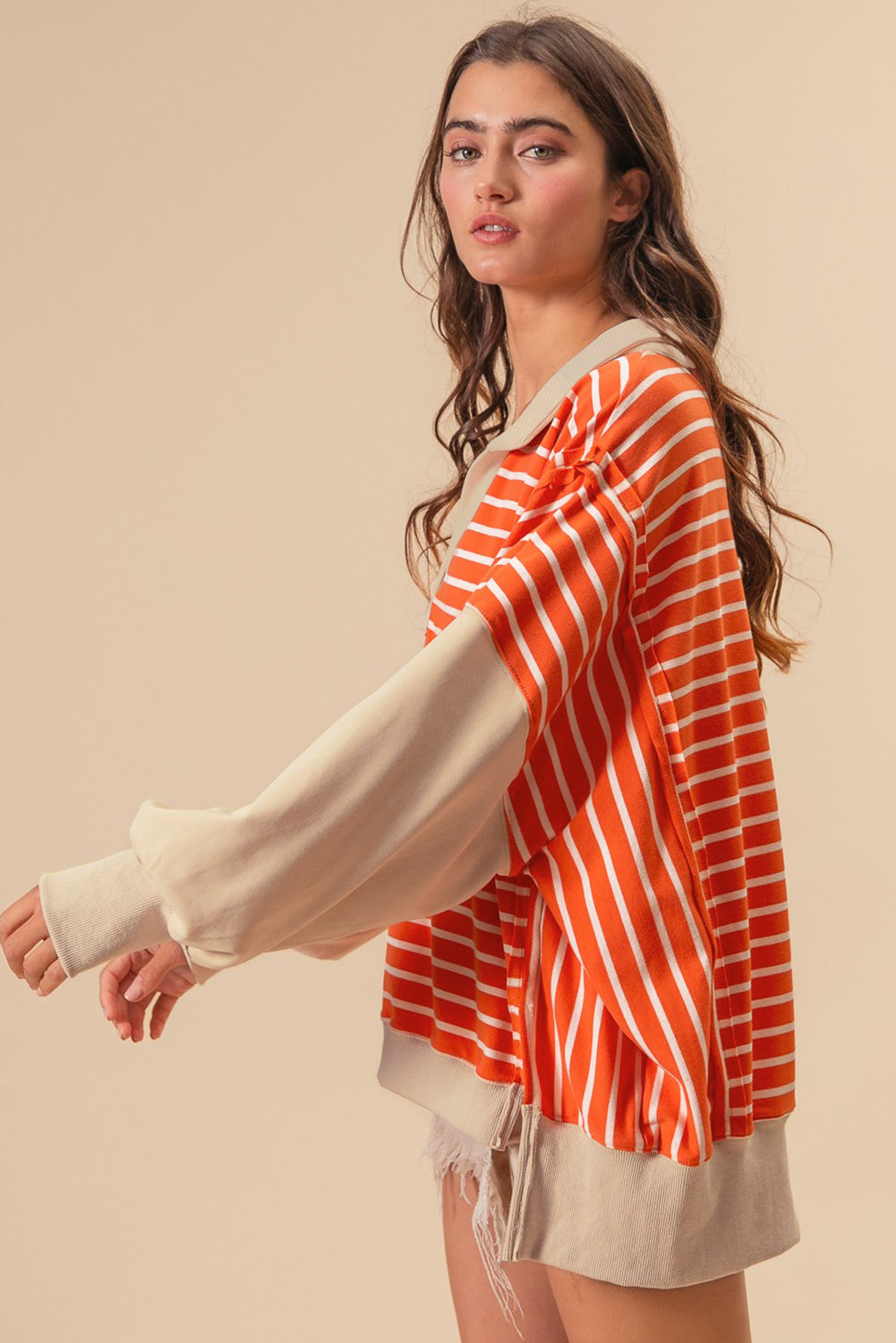 Orange Stripe Color Block Loose Fit Collared Drop Shoulder Sweatshirt