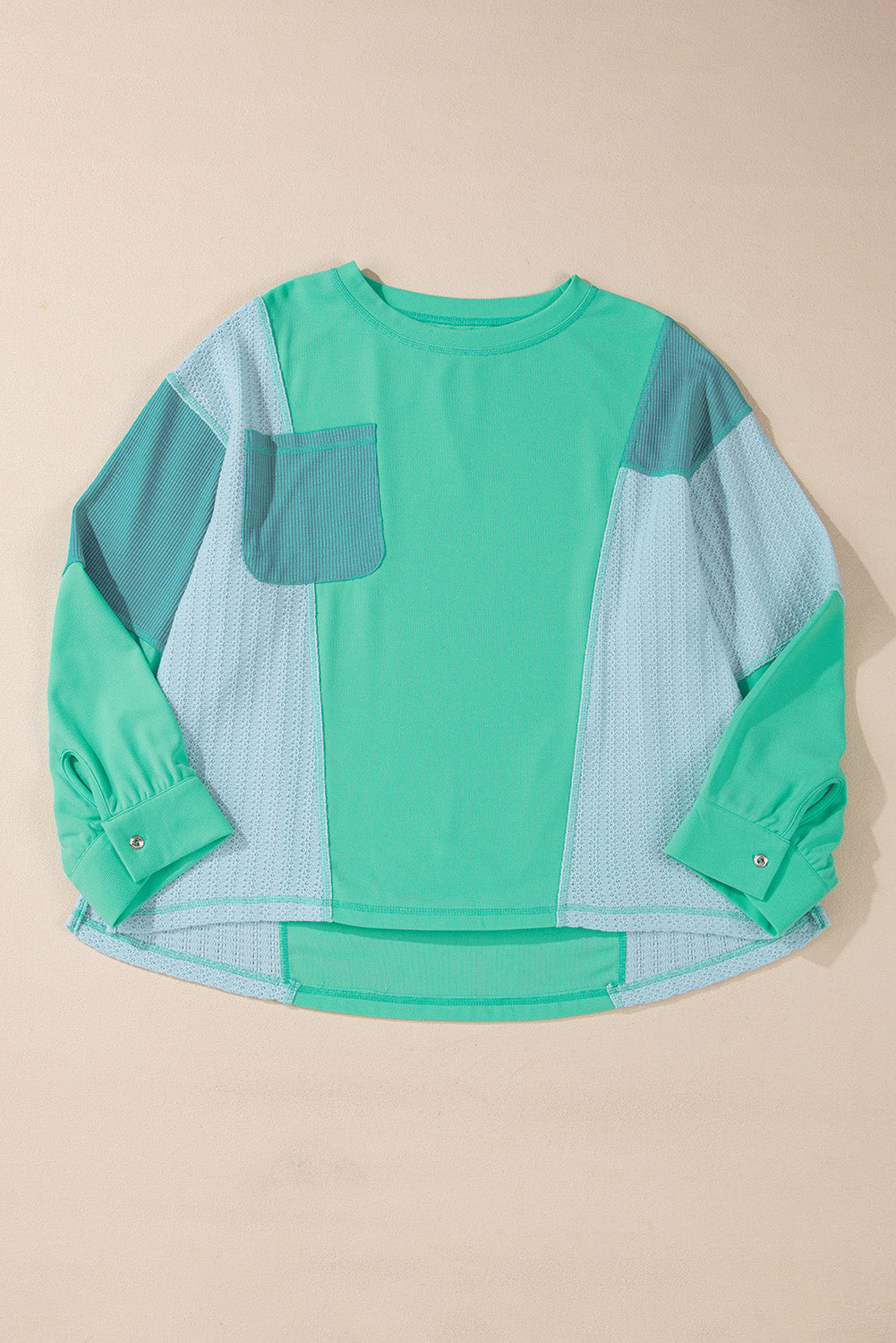 Green Colorblock Stitching Patchwork Buttoned Long Sleeve Top