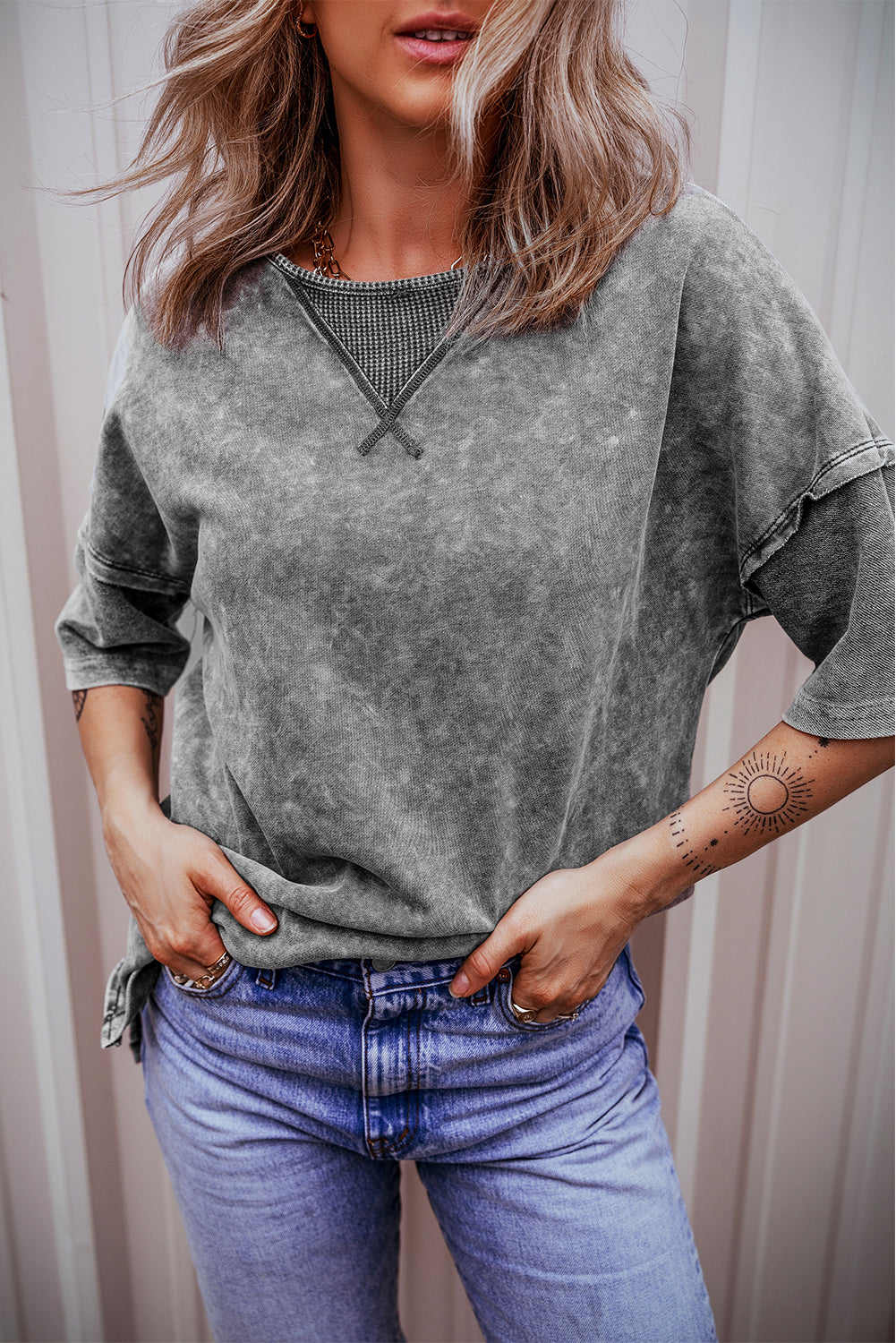 Philippine Gray Mineral Wash Exposed Seam Drop Shoulder Oversized Tee