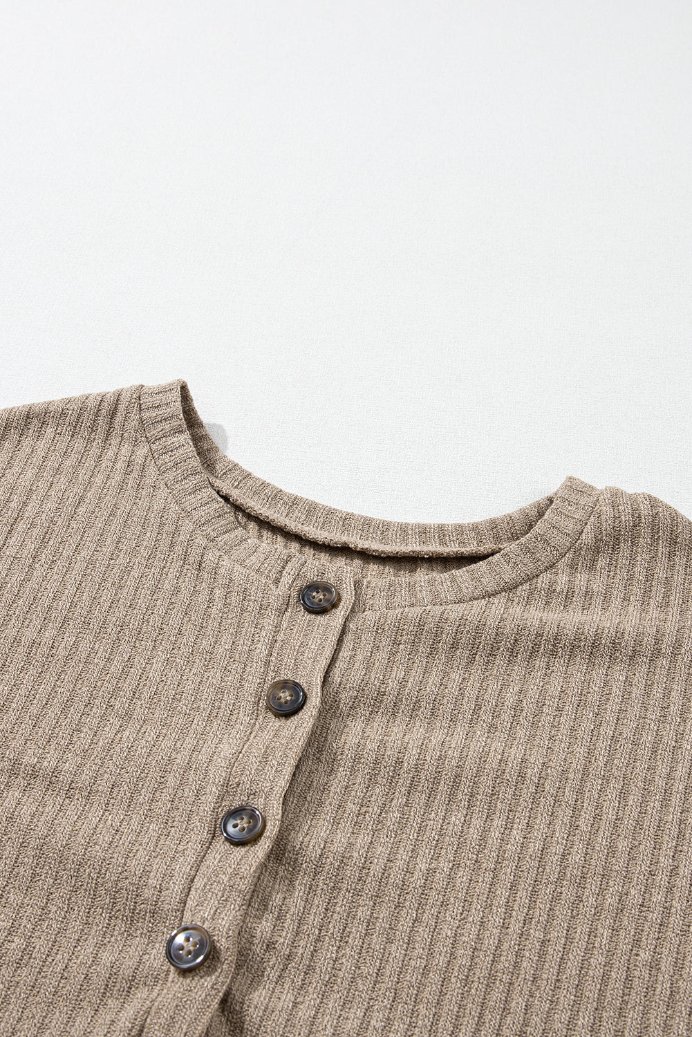 Pale Khaki Rib Textured Henley Knit Top