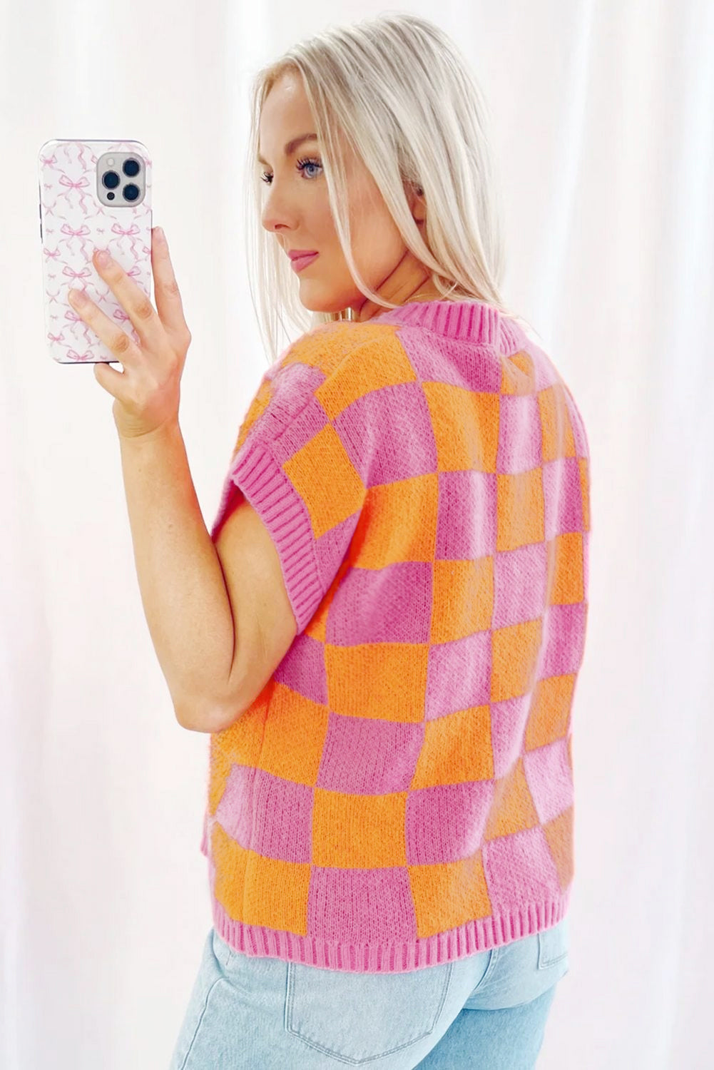 Strawberry Pink Colorblock Plaid Pattern Ribbed Trim Sweater Tank Top