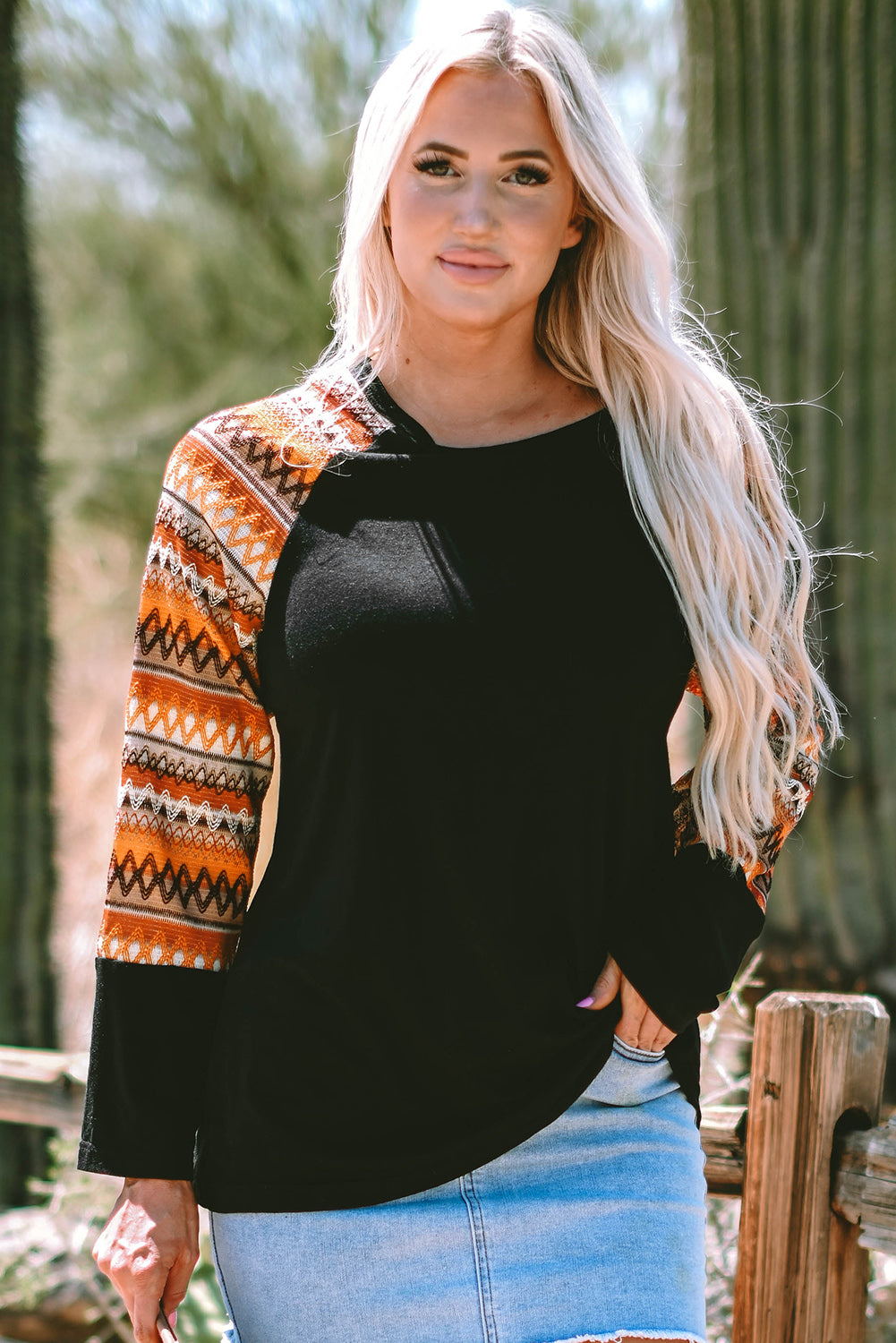 Orange Geo Print Raglan Patchwork Long Sleeve Tee