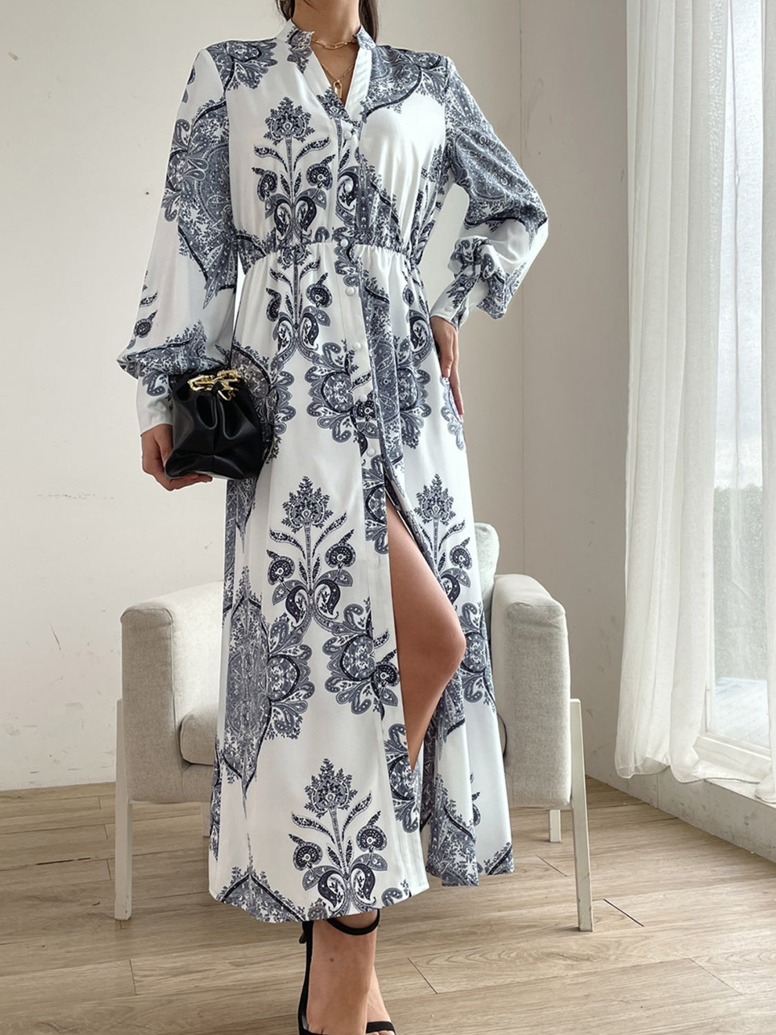 Printed Notched Lantern Sleeve Midi Dress