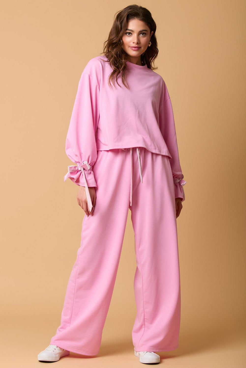 Bonbon Solid Color Drawstring Long Sleeve Top and Pants Set