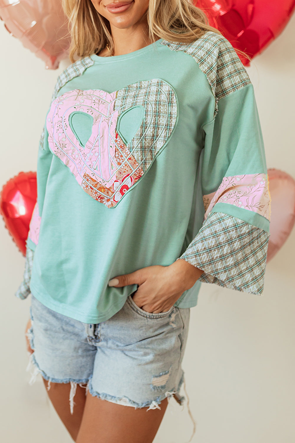 Clearly Aqua Plaid Floral Peace Heart Graphic Wide Long Sleeve Top