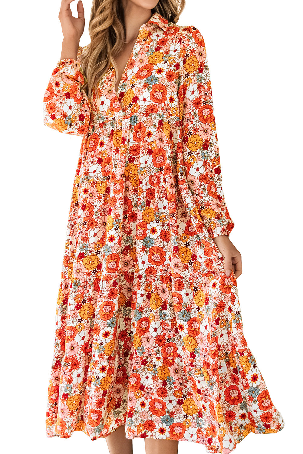 Multicolor Boho Floral Collared Long Sleeve Ruffled Dress