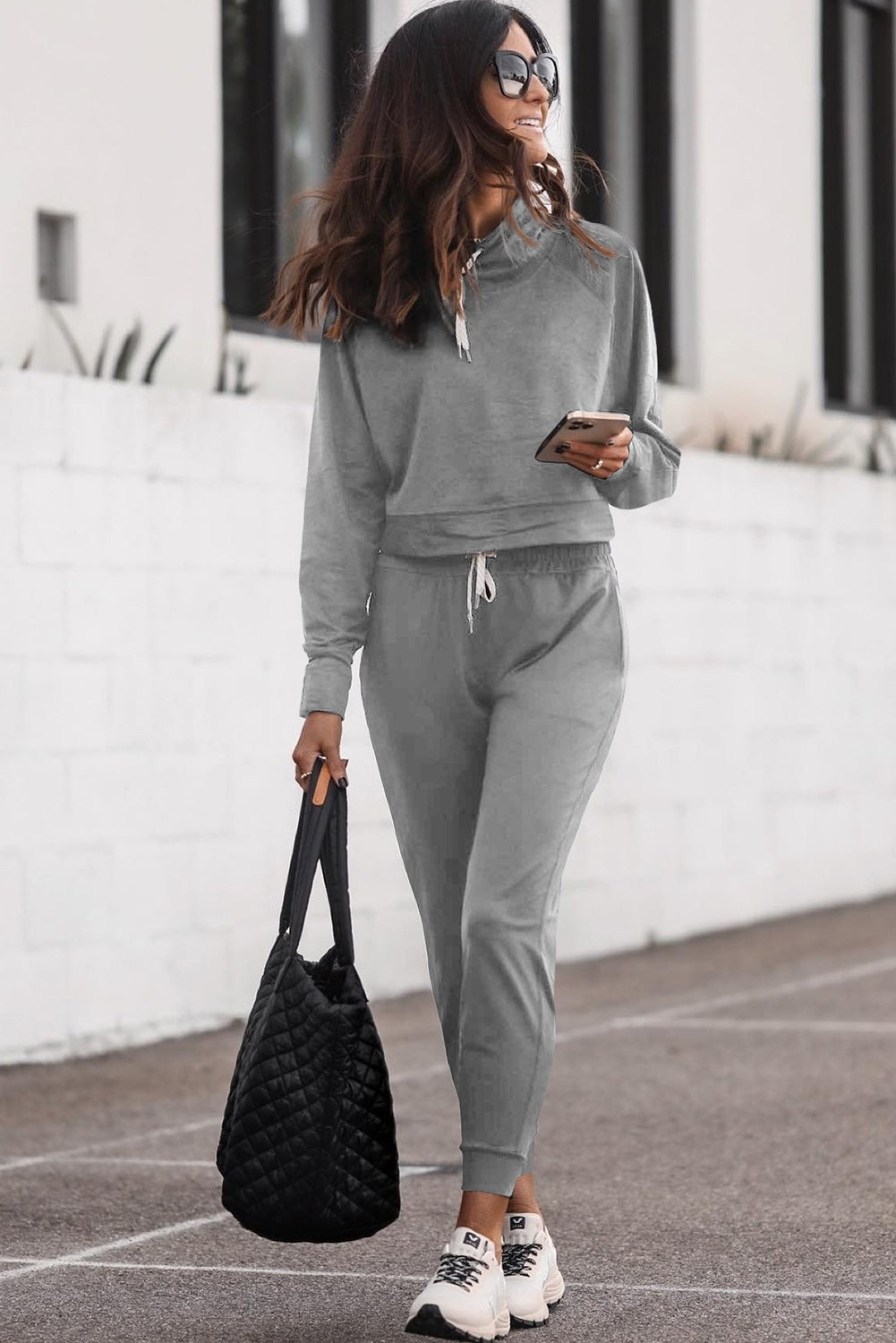 Gray Drawstring Hoodie and High Waist Pants Lounge Set