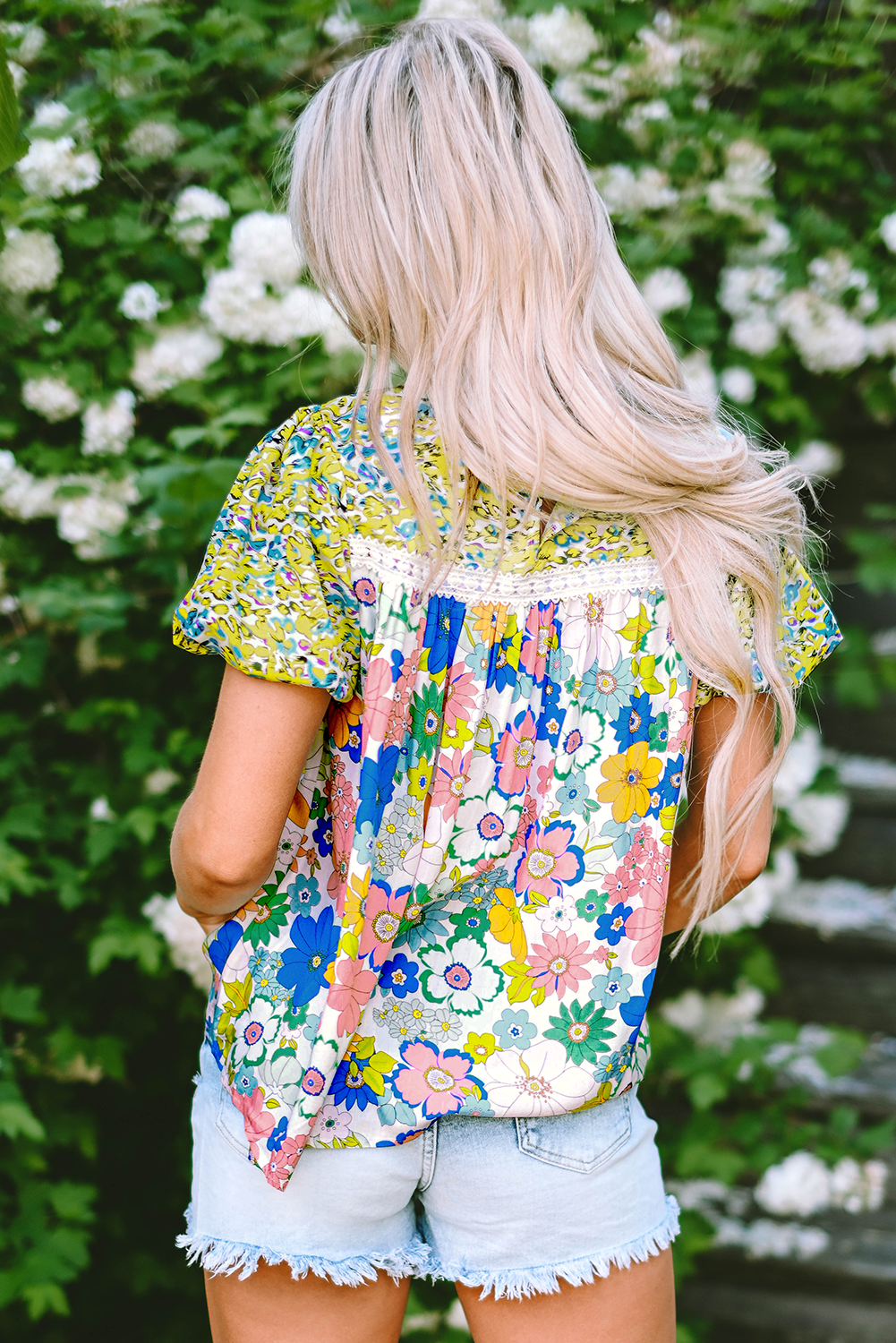 Green Bubble Sleeve Lace Trim Floral Mixed Print Blouse